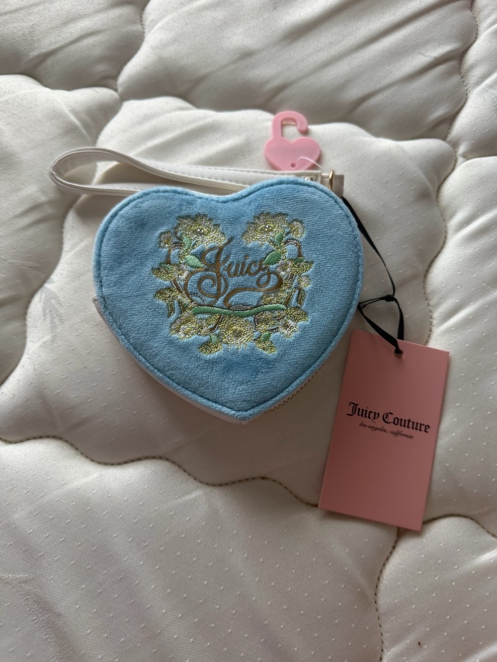 Juicy Couture Light Blue Heart-Shaped Velour Wristlet with Embroidered Crest